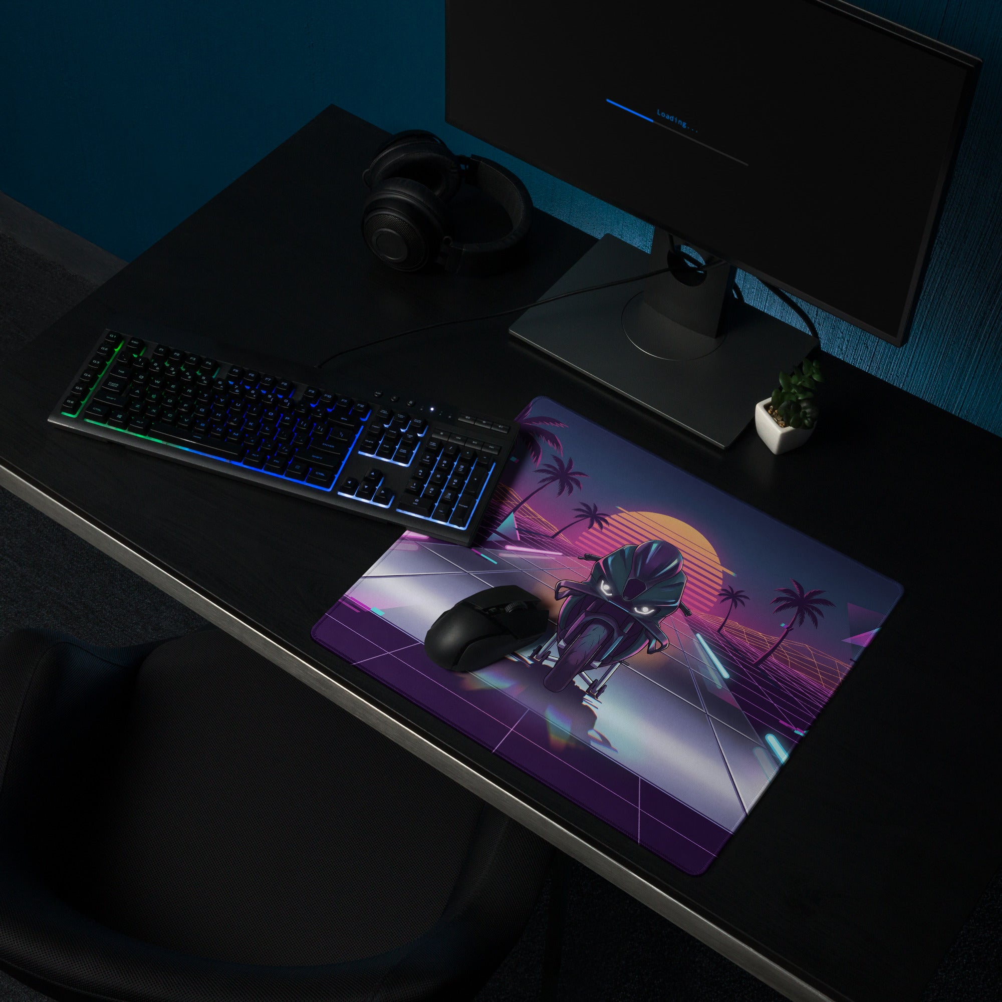 BMW M 1000 RR Inspired Black Cyan Vaporwave Gaming Mouse Pad – Neon Sunset Grid Desk Mat, Retro Futuristic Synthwave Superbike Digital Art