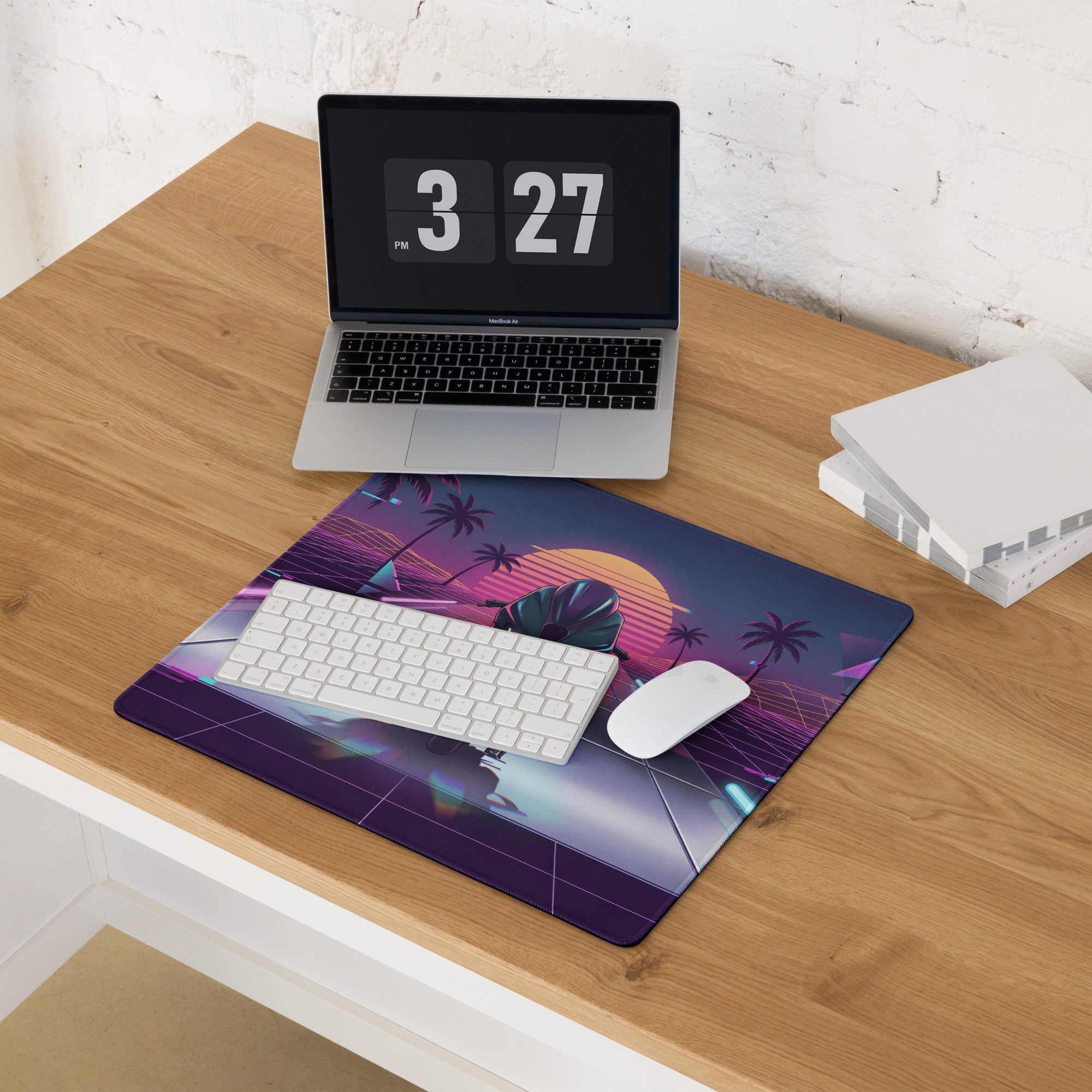 BMW M 1000 RR Inspired Black Cyan Vaporwave Gaming Mouse Pad – Neon Sunset Grid Desk Mat, Retro Futuristic Synthwave Superbike Digital Art
