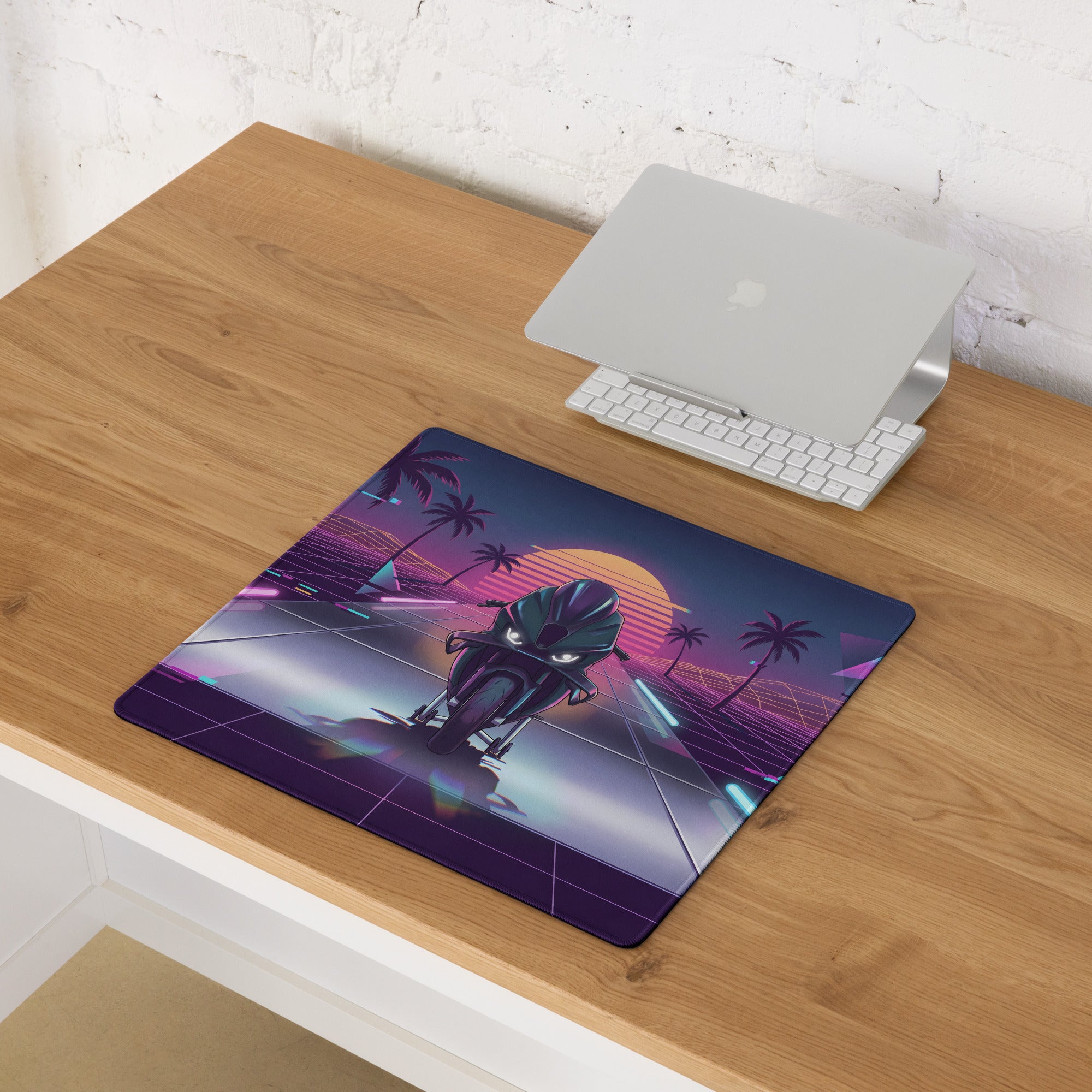 BMW M 1000 RR Inspired Black Cyan Vaporwave Gaming Mouse Pad – Neon Sunset Grid Desk Mat, Retro Futuristic Synthwave Superbike Digital Art