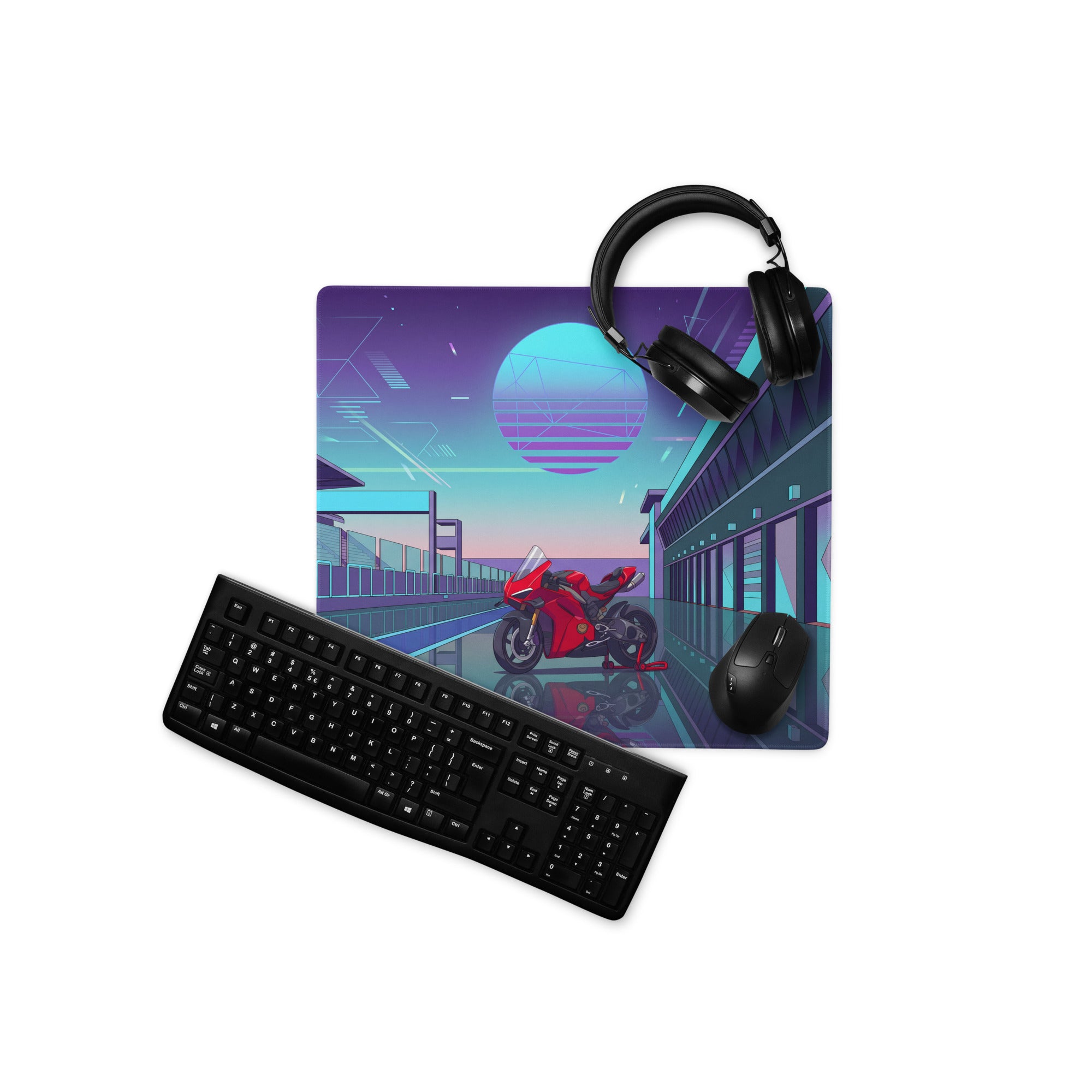 Ducati Panigale V4S Inspired Red Cyan Vaporwave Gaming Mouse Pad – Neon Pit Lane Desk Mat, Retro Futuristic Synthwave Superbike Digital Art