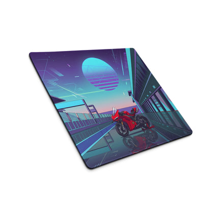 Ducati Panigale V4S Inspired Red Cyan Vaporwave Gaming Mouse Pad – Neon Pit Lane Desk Mat, Retro Futuristic Synthwave Superbike Digital Art