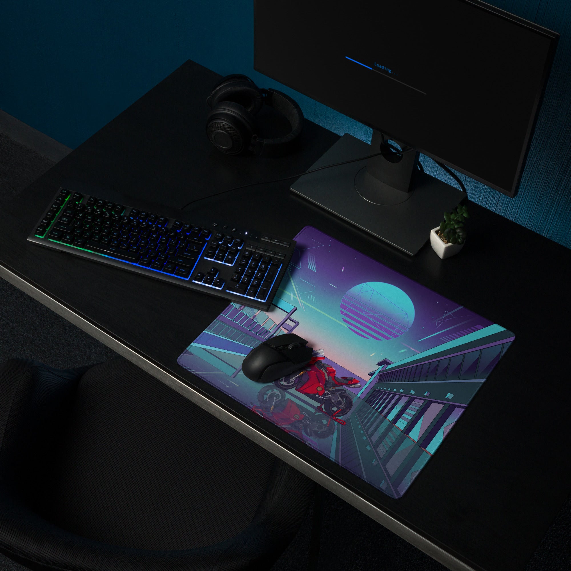 Ducati Panigale V4S Inspired Red Cyan Vaporwave Gaming Mouse Pad – Neon Pit Lane Desk Mat, Retro Futuristic Synthwave Superbike Digital Art