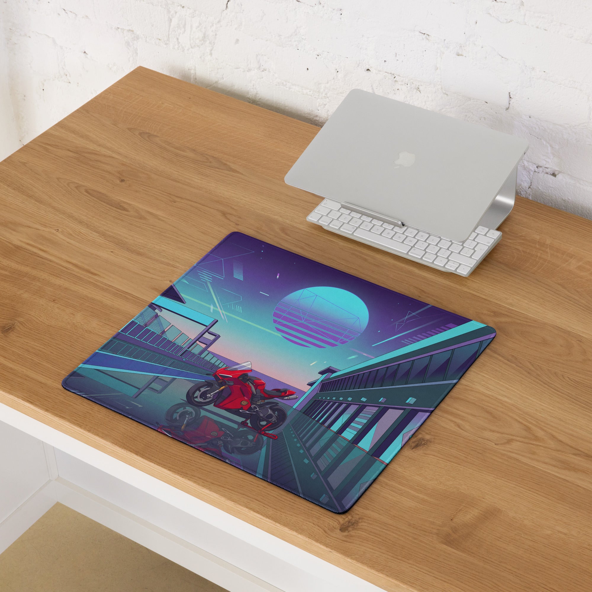 Ducati Panigale V4S Inspired Red Cyan Vaporwave Gaming Mouse Pad – Neon Pit Lane Desk Mat, Retro Futuristic Synthwave Superbike Digital Art