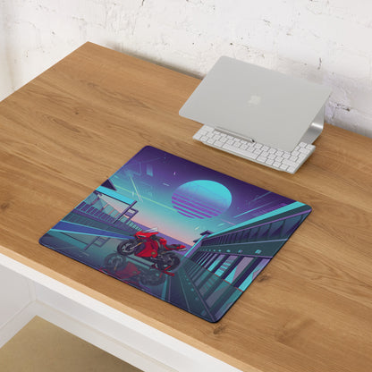 Ducati Panigale V4S Inspired Red Cyan Vaporwave Gaming Mouse Pad – Neon Pit Lane Desk Mat, Retro Futuristic Synthwave Superbike Digital Art