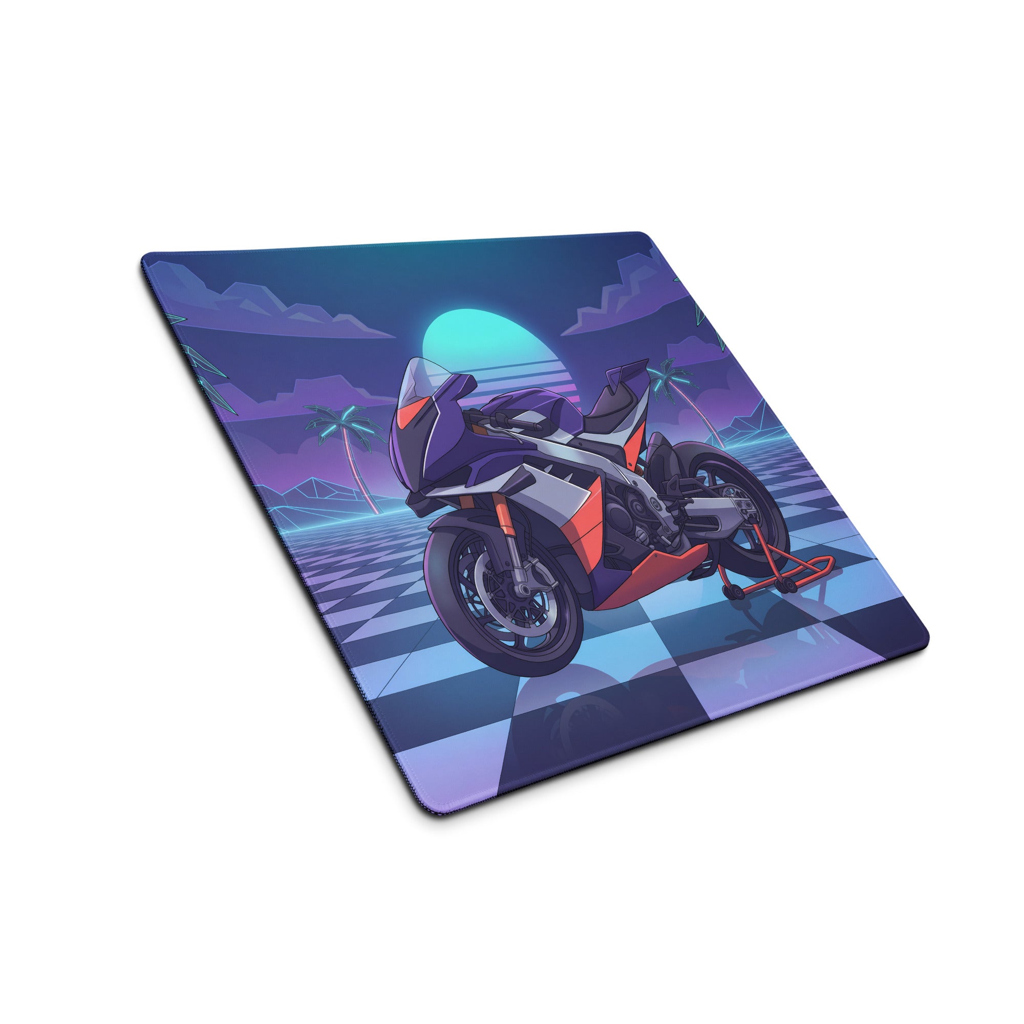 Aprilia RSV4 Xtrenta Inspired Purple Silver Vaporwave Gaming Mouse Pad – Neon Palm Sunset Desk Mat, Retro Futuristic Synthwave Superbike Digital Art