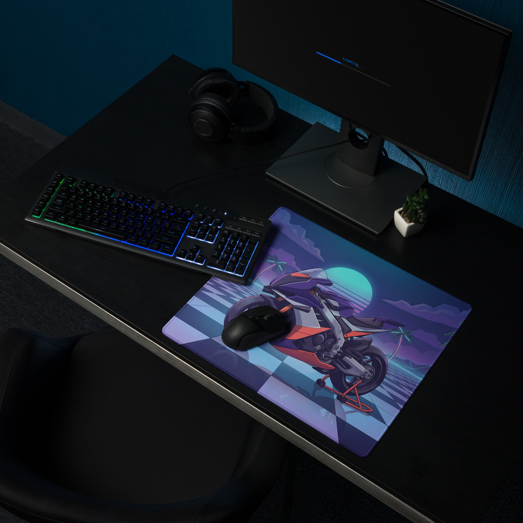 Aprilia RSV4 Xtrenta Inspired Purple Silver Vaporwave Gaming Mouse Pad – Neon Palm Sunset Desk Mat, Retro Futuristic Synthwave Superbike Digital Art