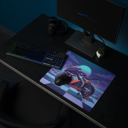 Aprilia RSV4 Xtrenta Inspired Purple Silver Vaporwave Gaming Mouse Pad – Neon Palm Sunset Desk Mat, Retro Futuristic Synthwave Superbike Digital Art