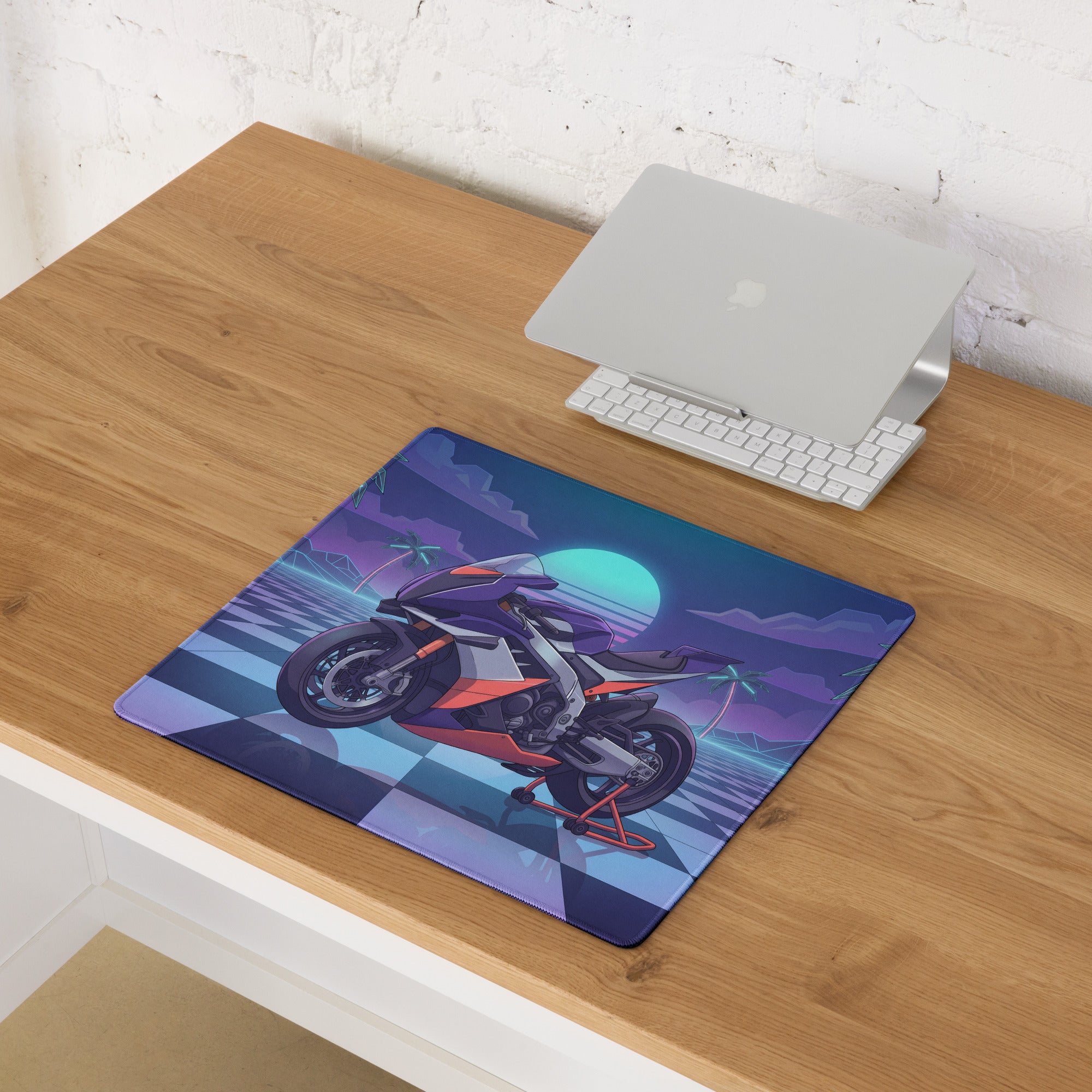 Aprilia RSV4 Xtrenta Inspired Purple Silver Vaporwave Gaming Mouse Pad – Neon Palm Sunset Desk Mat, Retro Futuristic Synthwave Superbike Digital Art