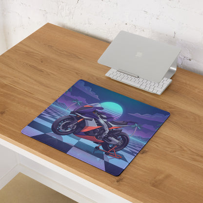 Aprilia RSV4 Xtrenta Inspired Purple Silver Vaporwave Gaming Mouse Pad – Neon Palm Sunset Desk Mat, Retro Futuristic Synthwave Superbike Digital Art