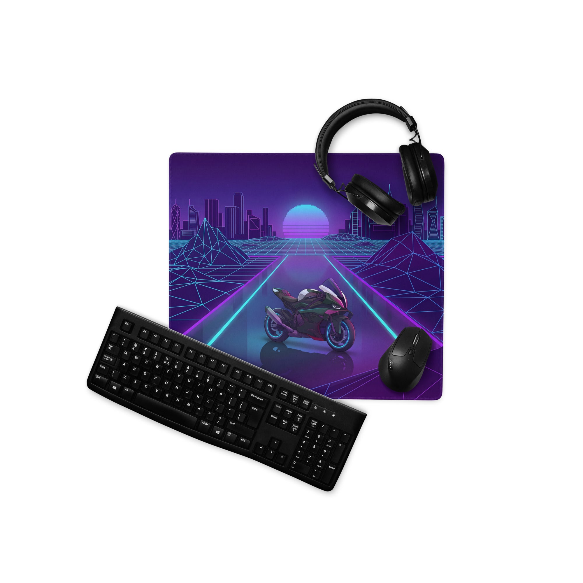 BMW M1000RR Inspired Purple Blue Vaporwave Gaming Mouse Pad – Neon Cyber City Desk Mat, Retro Futuristic Synthwave Motorcycle Digital Art