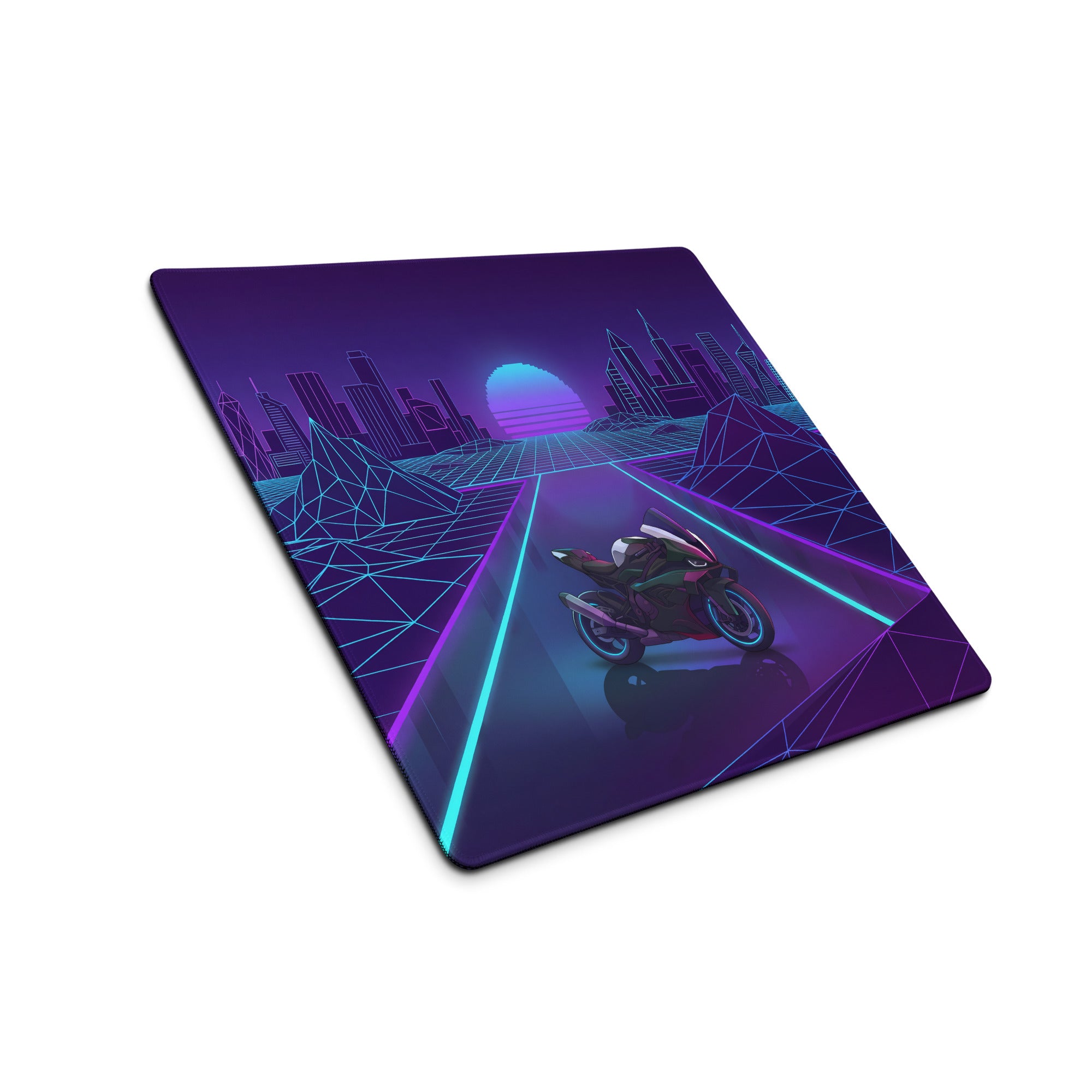 BMW M1000RR Inspired Purple Blue Vaporwave Gaming Mouse Pad – Neon Cyber City Desk Mat, Retro Futuristic Synthwave Motorcycle Digital Art