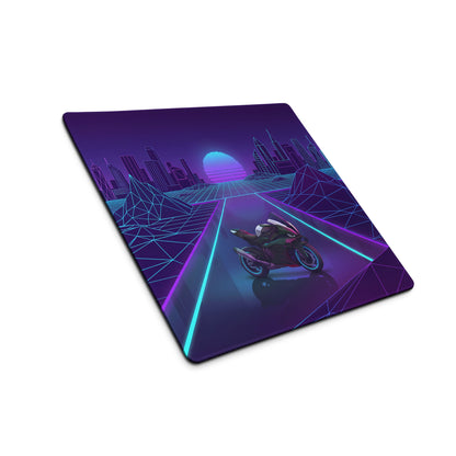 BMW M1000RR Inspired Purple Blue Vaporwave Gaming Mouse Pad – Neon Cyber City Desk Mat, Retro Futuristic Synthwave Motorcycle Digital Art