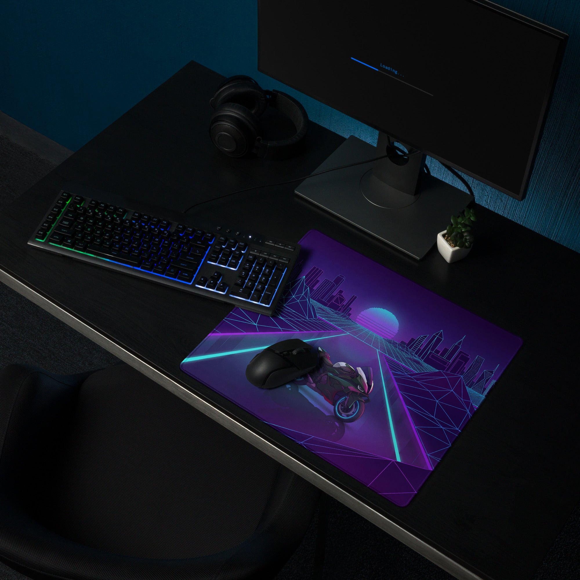 BMW M1000RR Inspired Purple Blue Vaporwave Gaming Mouse Pad – Neon Cyber City Desk Mat, Retro Futuristic Synthwave Motorcycle Digital Art