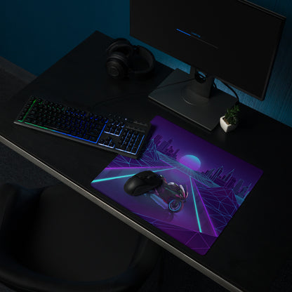 BMW M1000RR Inspired Purple Blue Vaporwave Gaming Mouse Pad – Neon Cyber City Desk Mat, Retro Futuristic Synthwave Motorcycle Digital Art