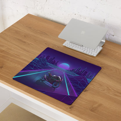 BMW M1000RR Inspired Purple Blue Vaporwave Gaming Mouse Pad – Neon Cyber City Desk Mat, Retro Futuristic Synthwave Motorcycle Digital Art