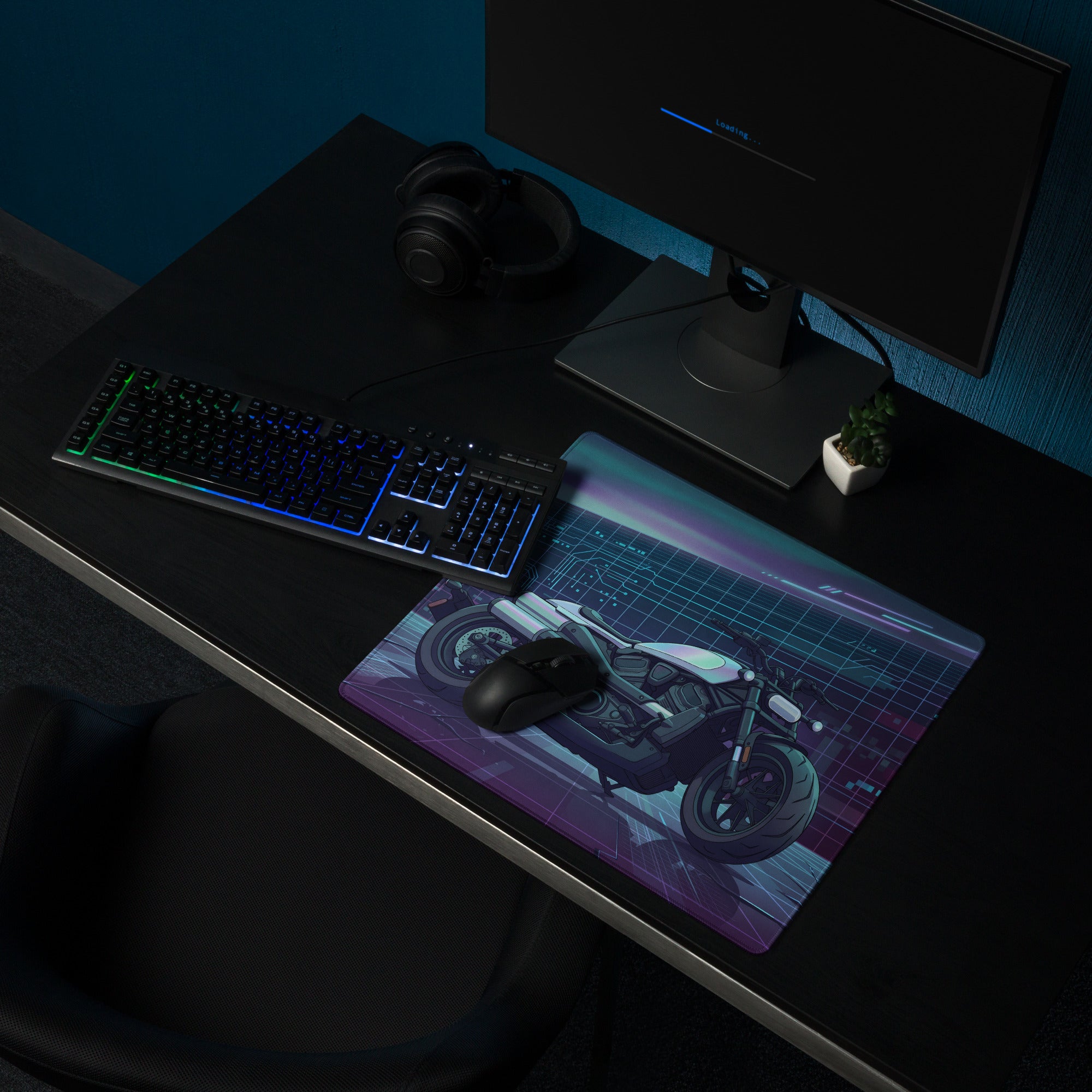 Sportster S Inspired White Blue Vaporwave Gaming Mouse Pad – Neon Cyber Garage Desk Mat, Futuristic Cruiser Motorcycle Digital Art
