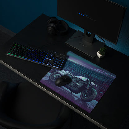 Sportster S Inspired White Blue Vaporwave Gaming Mouse Pad – Neon Cyber Garage Desk Mat, Futuristic Cruiser Motorcycle Digital Art