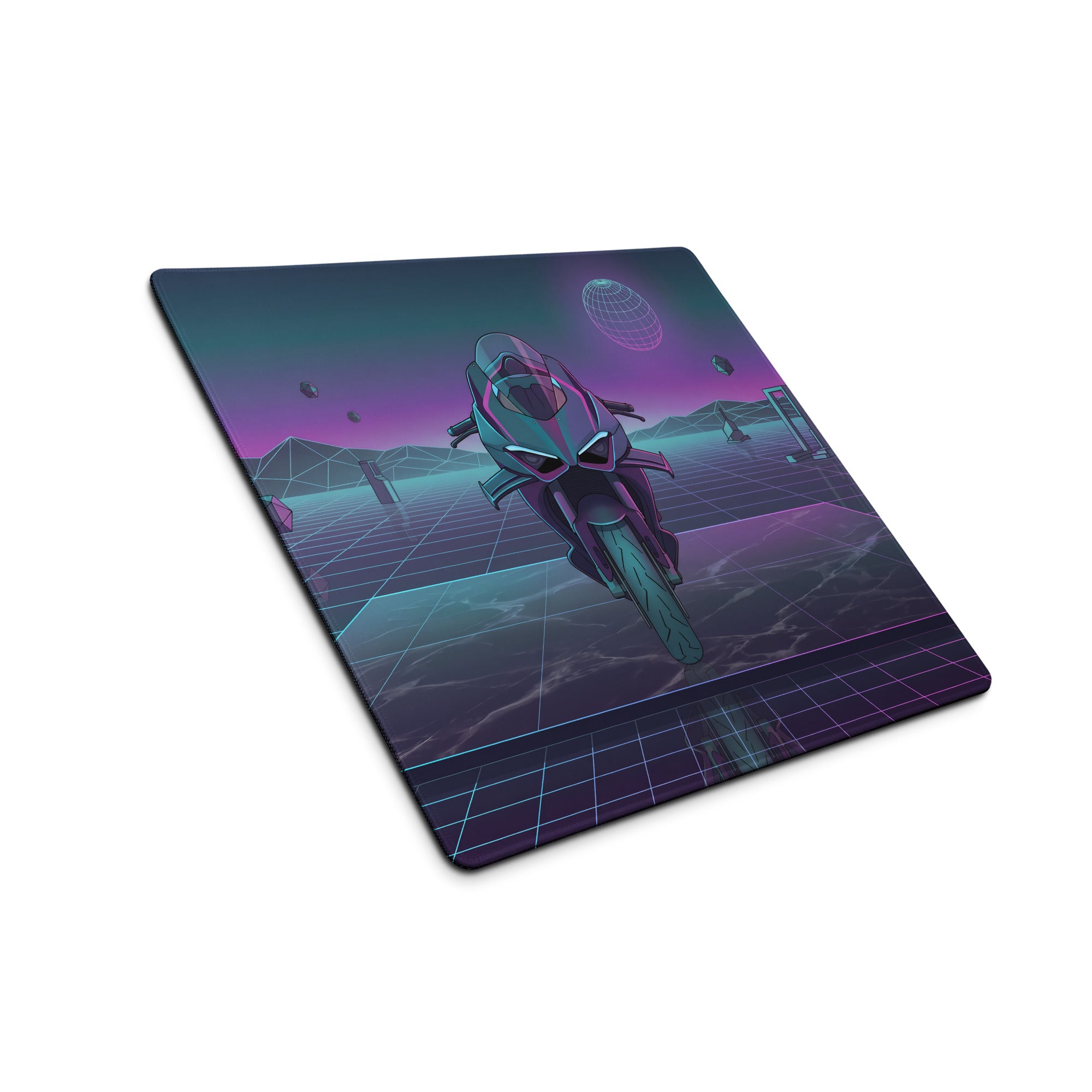 Ducati Panigale V4R Inspired Teal Purple Vaporwave Gaming Mouse Pad – Neon Grid Desk Mat, Retro Futuristic Supersport Motorcycle Digital Art