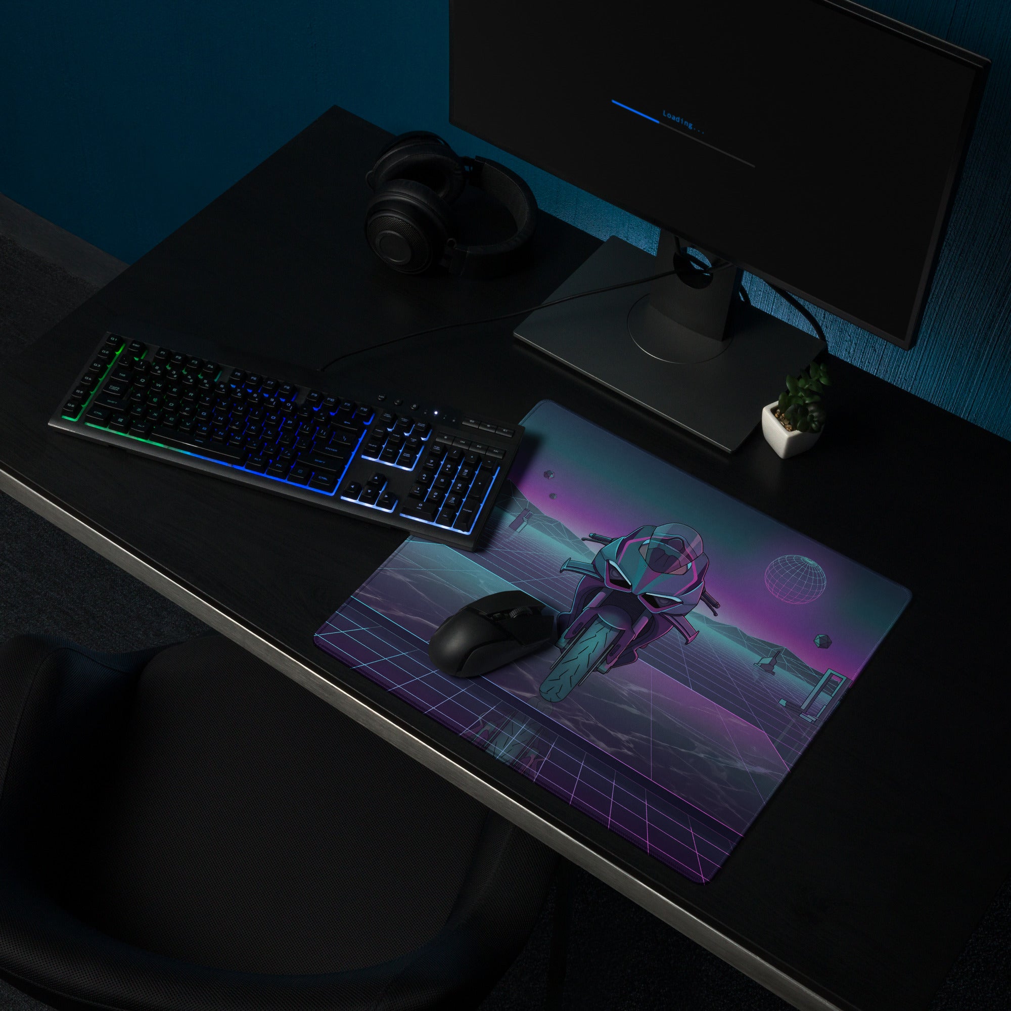 Ducati Panigale V4R Inspired Teal Purple Vaporwave Gaming Mouse Pad – Neon Grid Desk Mat, Retro Futuristic Supersport Motorcycle Digital Art