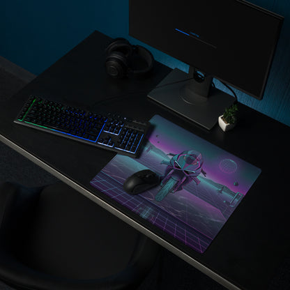 Ducati Panigale V4R Inspired Teal Purple Vaporwave Gaming Mouse Pad – Neon Grid Desk Mat, Retro Futuristic Supersport Motorcycle Digital Art