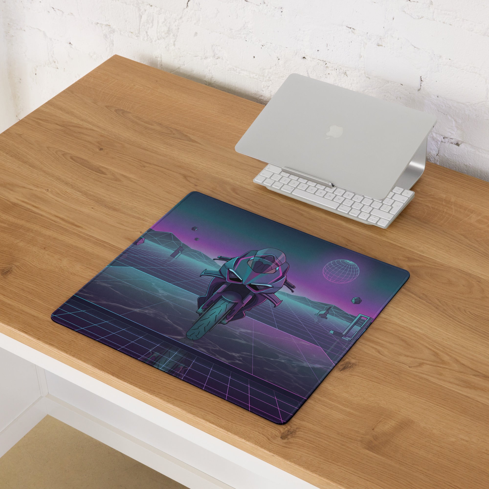 Ducati Panigale V4R Inspired Teal Purple Vaporwave Gaming Mouse Pad – Neon Grid Desk Mat, Retro Futuristic Supersport Motorcycle Digital Art