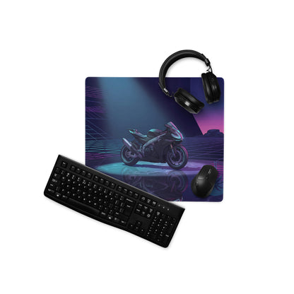 Aprilia RSV4 Inspired Black Teal Vaporwave Gaming Mouse Pad – Neon Desert Grid Desk Mat, Retro Futuristic Synthwave Superbike Digital Art