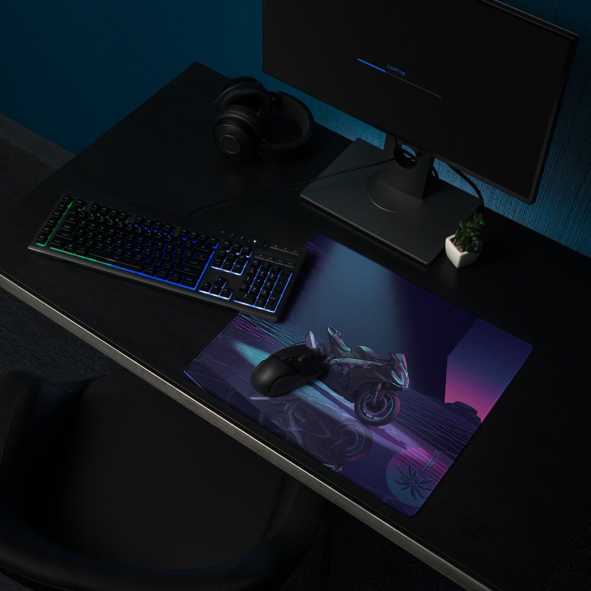 Aprilia RSV4 Inspired Black Teal Vaporwave Gaming Mouse Pad – Neon Desert Grid Desk Mat, Retro Futuristic Synthwave Superbike Digital Art