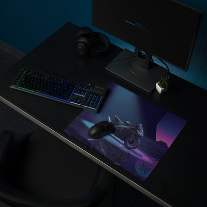 Aprilia RSV4 Inspired Black Teal Vaporwave Gaming Mouse Pad – Neon Desert Grid Desk Mat, Retro Futuristic Synthwave Superbike Digital Art