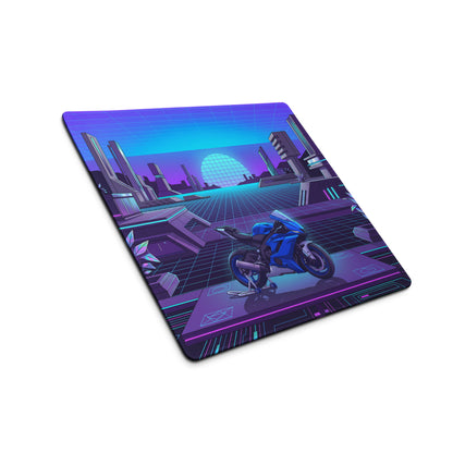 Yamaha R6 Inspired Blue Purple Vaporwave Gaming Mouse Pad – Neon Futuristic City Desk Mat, Retro Synthwave Sportbike Digital Art