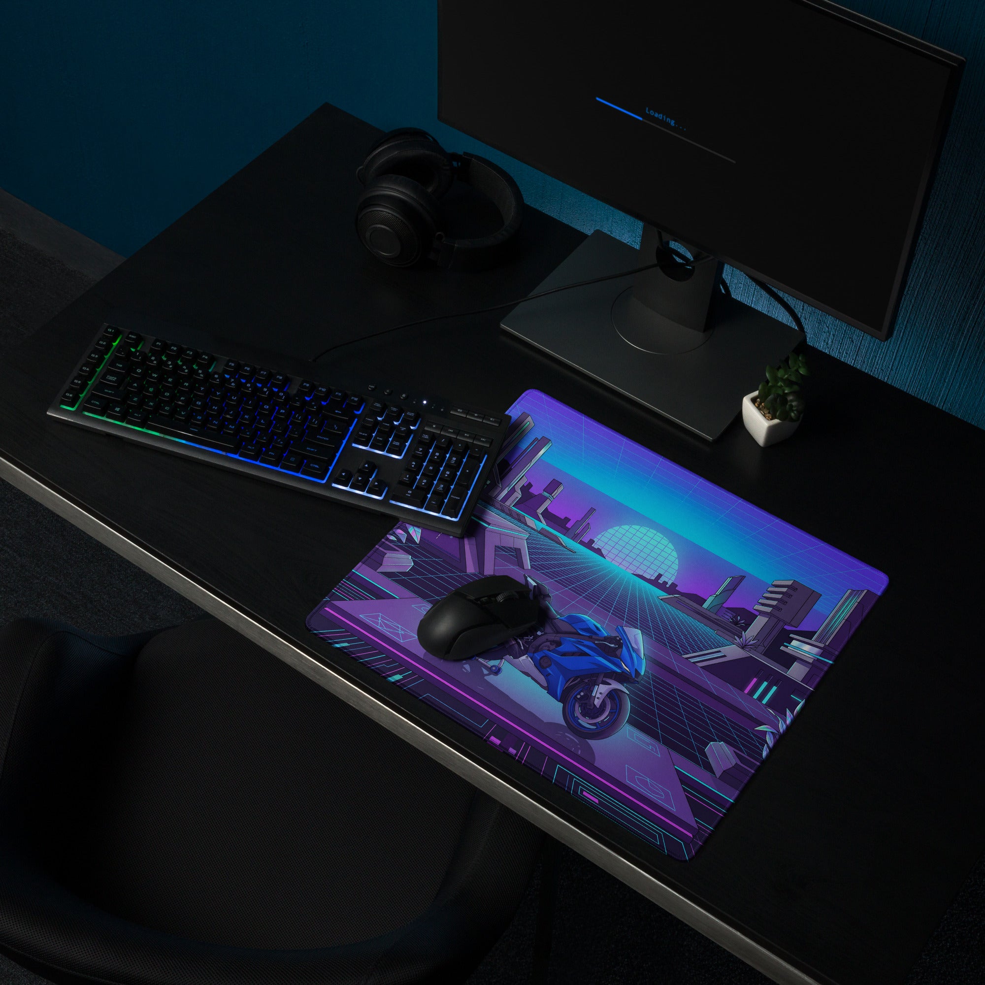 Yamaha R6 Inspired Blue Purple Vaporwave Gaming Mouse Pad – Neon Futuristic City Desk Mat, Retro Synthwave Sportbike Digital Art
