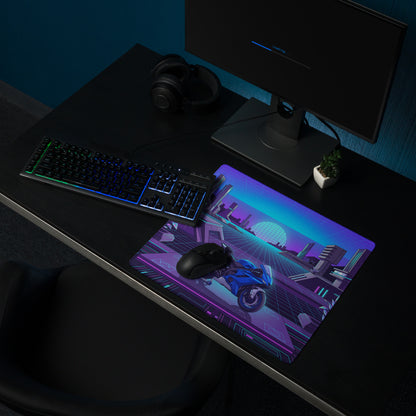 Yamaha R6 Inspired Blue Purple Vaporwave Gaming Mouse Pad – Neon Futuristic City Desk Mat, Retro Synthwave Sportbike Digital Art