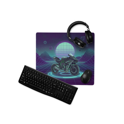 Kawasaki H2 Inspired Black Green Vaporwave Gaming Mouse Pad – Neon Grid Desk Mat, Retro Futuristic Synthwave Naked Motorcycle Digital Art