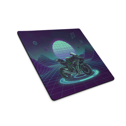 Kawasaki H2 Inspired Black Green Vaporwave Gaming Mouse Pad – Neon Grid Desk Mat, Retro Futuristic Synthwave Naked Motorcycle Digital Art