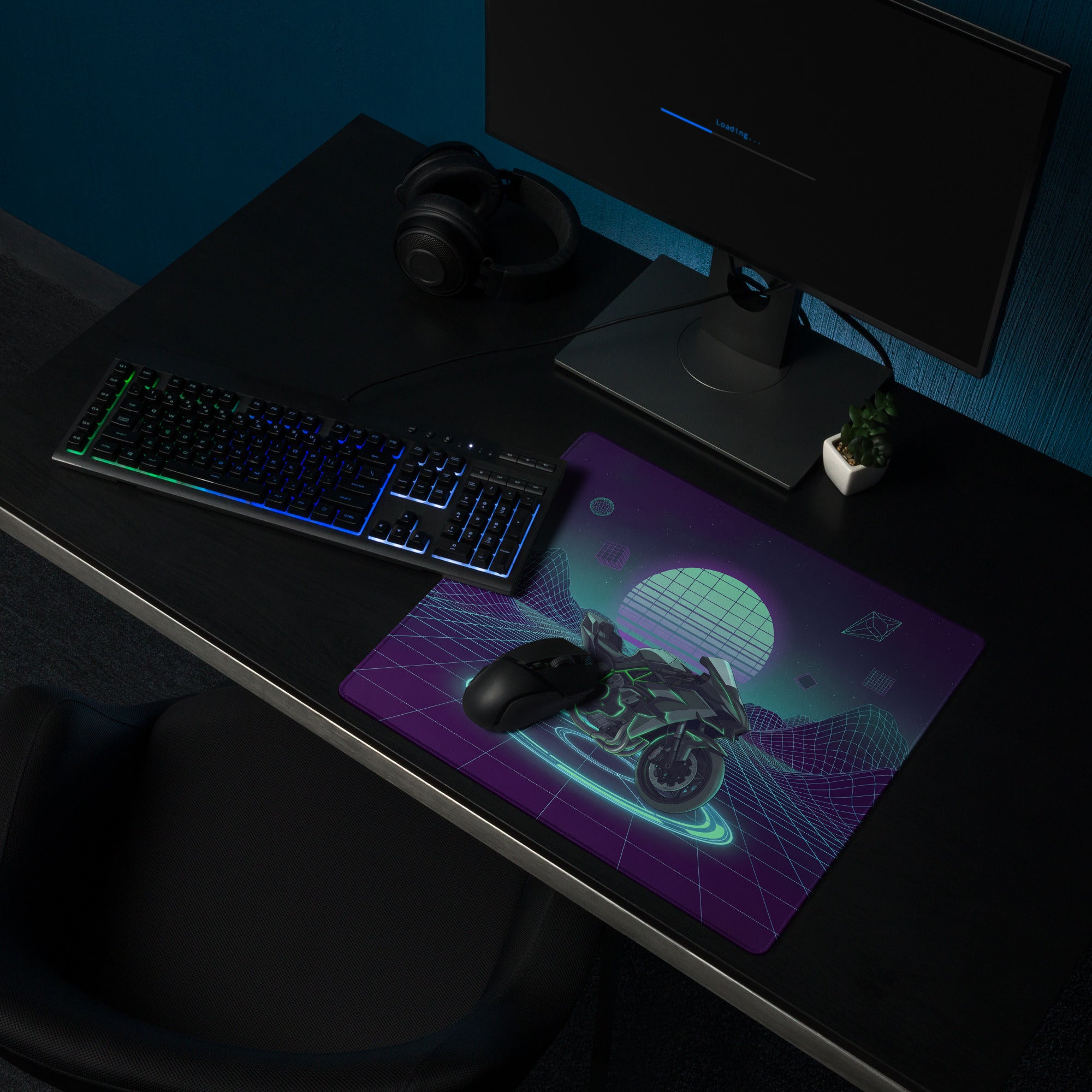 Kawasaki H2 Inspired Black Green Vaporwave Gaming Mouse Pad – Neon Grid Desk Mat, Retro Futuristic Synthwave Naked Motorcycle Digital Art