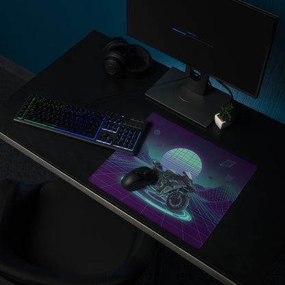 Kawasaki H2 Inspired Black Green Vaporwave Gaming Mouse Pad – Neon Grid Desk Mat, Retro Futuristic Synthwave Naked Motorcycle Digital Art