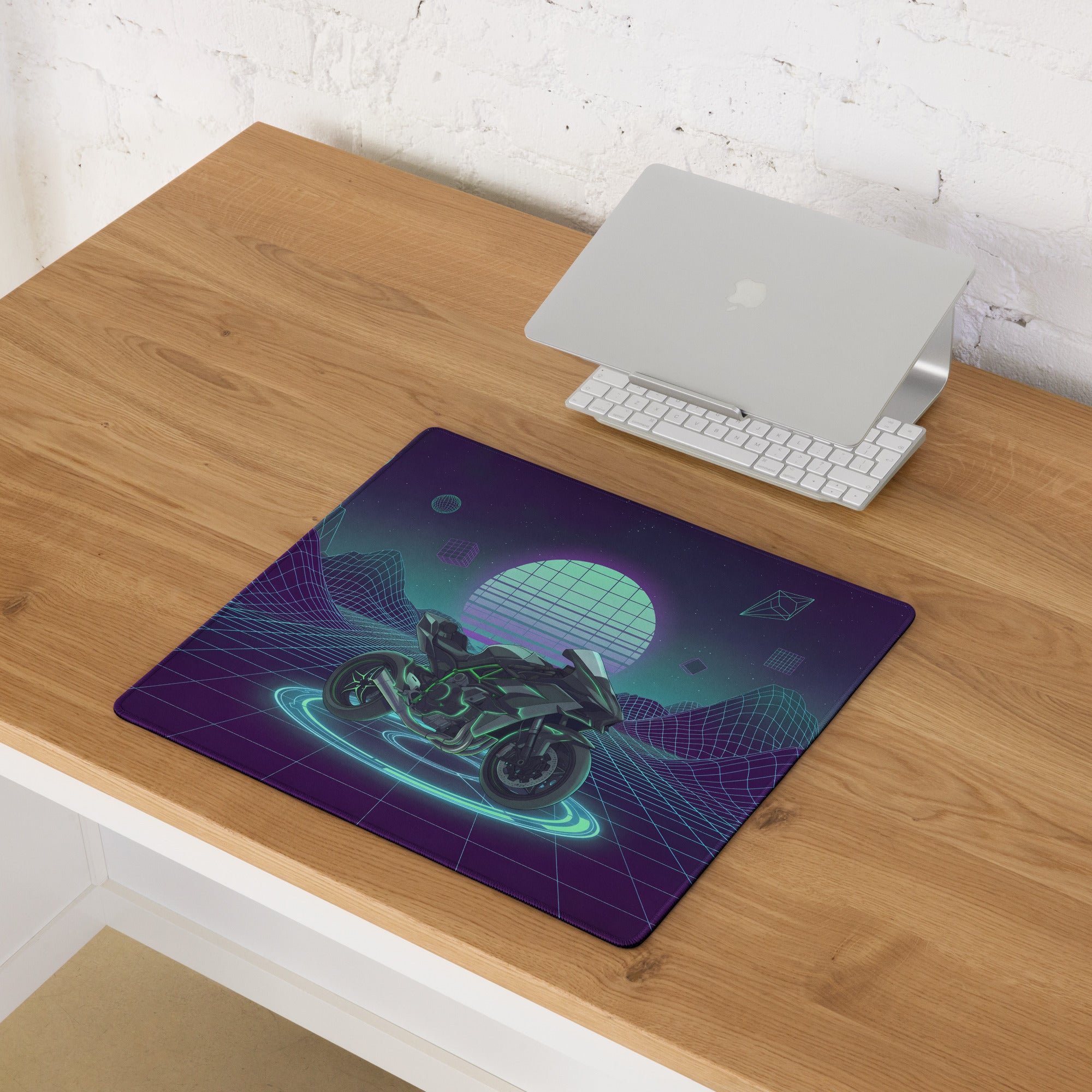 Kawasaki H2 Inspired Black Green Vaporwave Gaming Mouse Pad – Neon Grid Desk Mat, Retro Futuristic Synthwave Naked Motorcycle Digital Art
