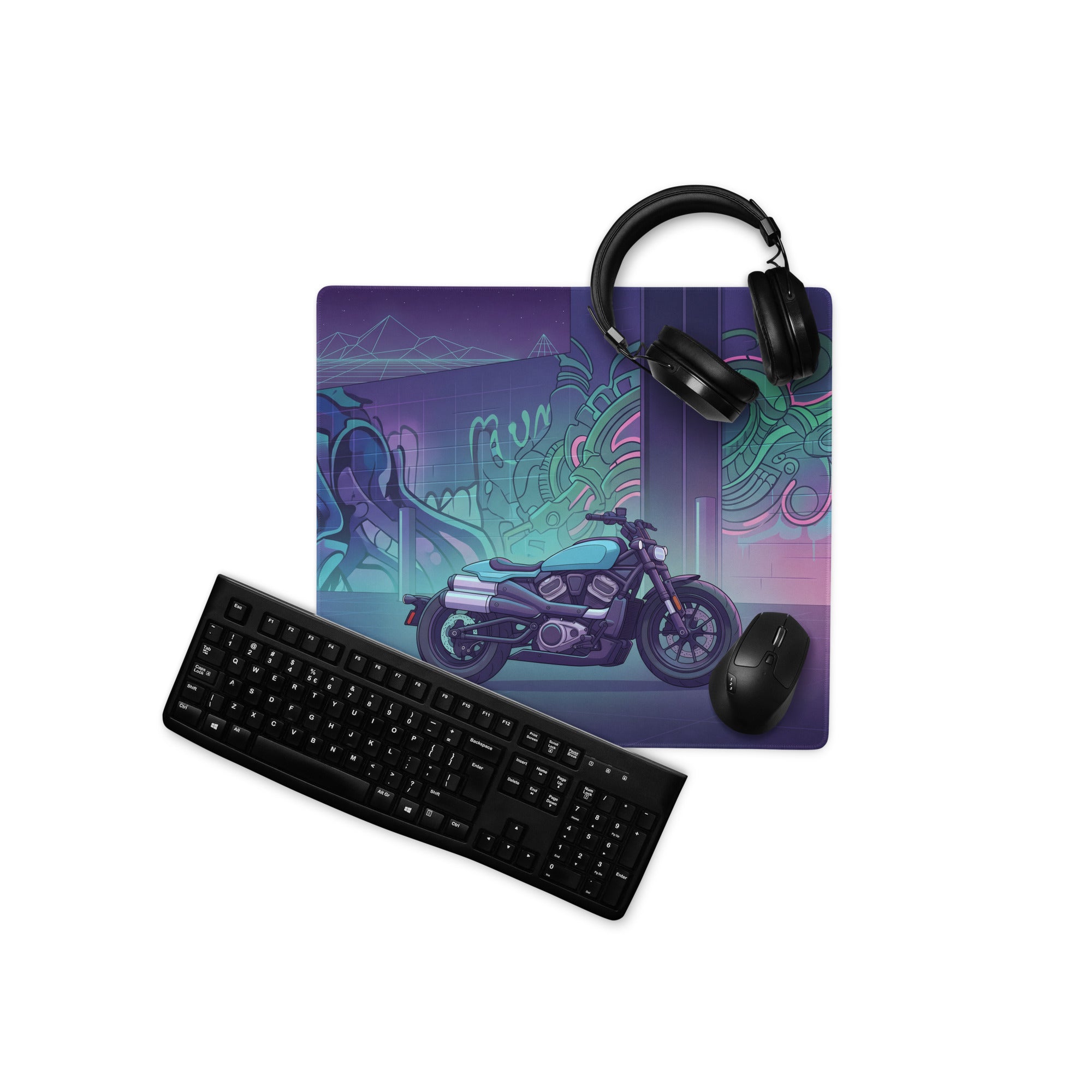 Sportster S Inspired Teal Purple Vaporwave Gaming Mouse Pad – Neon Graffiti Garage Desk Mat, Retro Futuristic Cruiser Digital Art