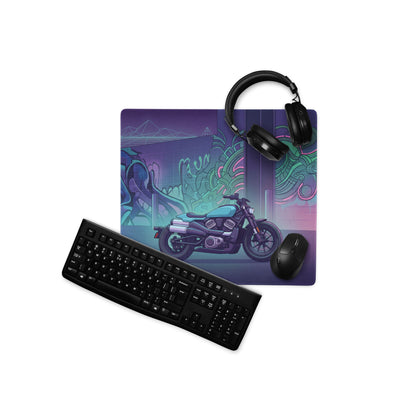 Sportster S Inspired Teal Purple Vaporwave Gaming Mouse Pad – Neon Graffiti Garage Desk Mat, Retro Futuristic Cruiser Digital Art