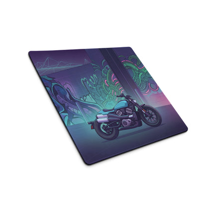 Sportster S Inspired Teal Purple Vaporwave Gaming Mouse Pad – Neon Graffiti Garage Desk Mat, Retro Futuristic Cruiser Digital Art