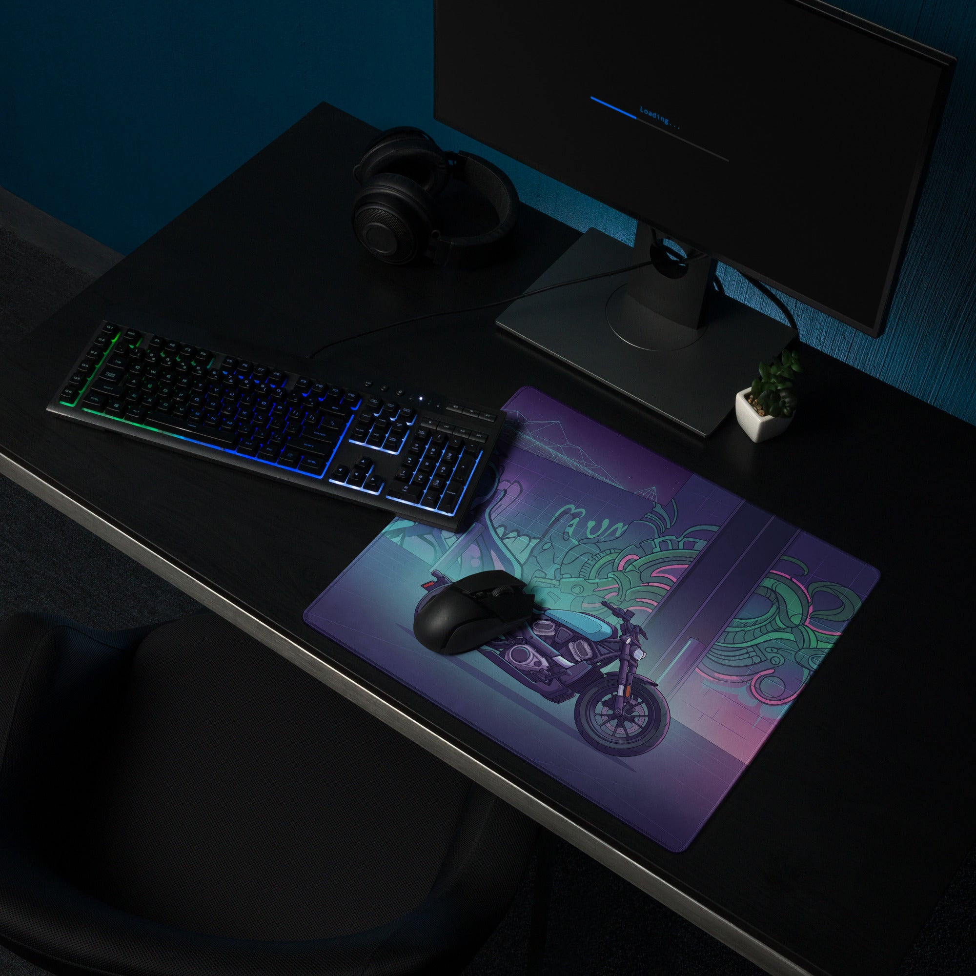 Sportster S Inspired Teal Purple Vaporwave Gaming Mouse Pad – Neon Graffiti Garage Desk Mat, Retro Futuristic Cruiser Digital Art