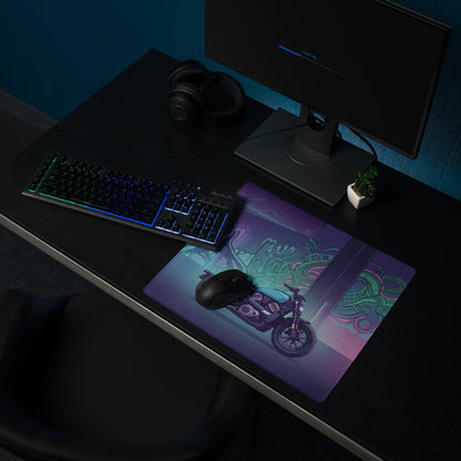 Sportster S Inspired Teal Purple Vaporwave Gaming Mouse Pad – Neon Graffiti Garage Desk Mat, Retro Futuristic Cruiser Digital Art
