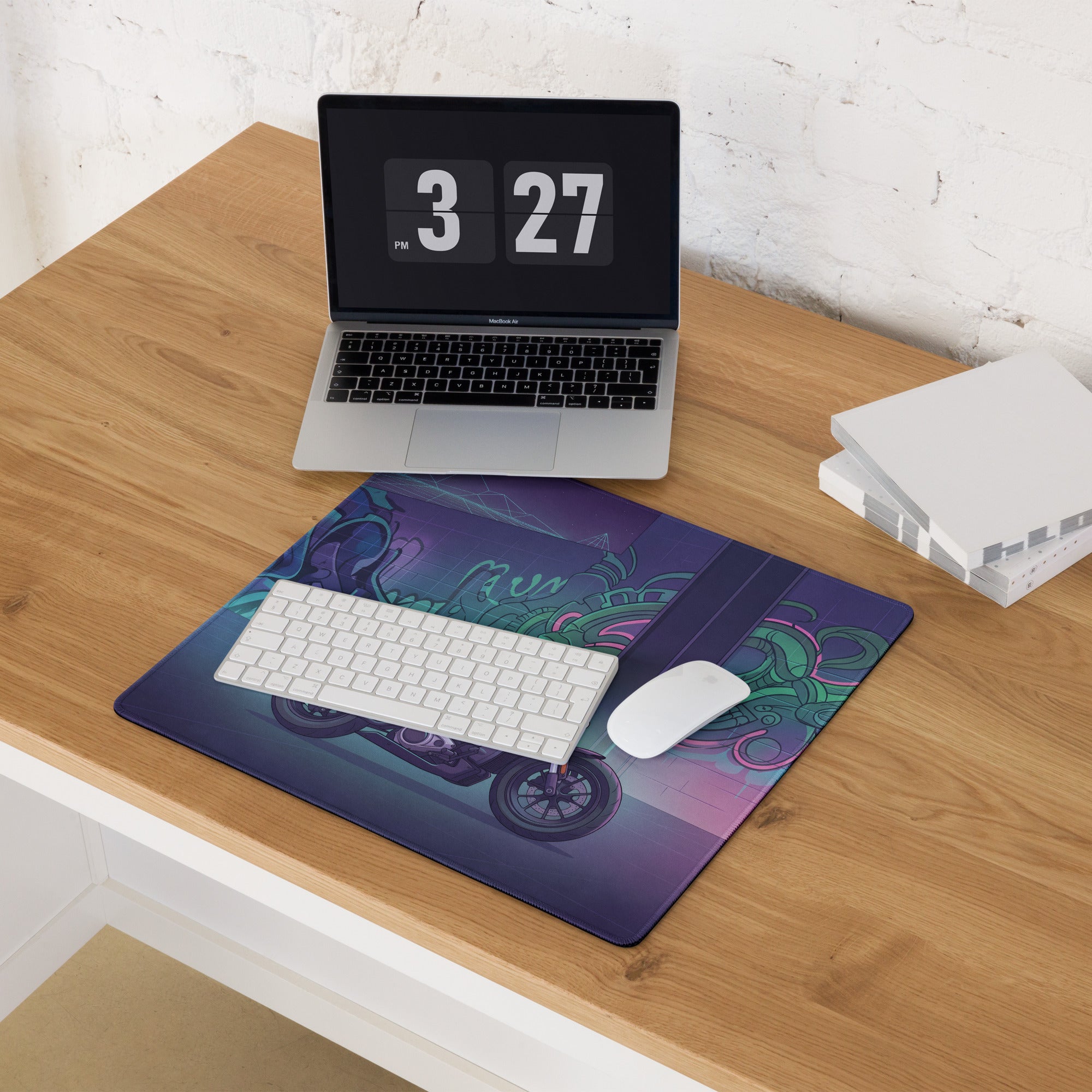 Sportster S Inspired Teal Purple Vaporwave Gaming Mouse Pad – Neon Graffiti Garage Desk Mat, Retro Futuristic Cruiser Digital Art