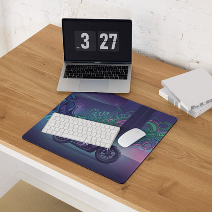 Sportster S Inspired Teal Purple Vaporwave Gaming Mouse Pad – Neon Graffiti Garage Desk Mat, Retro Futuristic Cruiser Digital Art