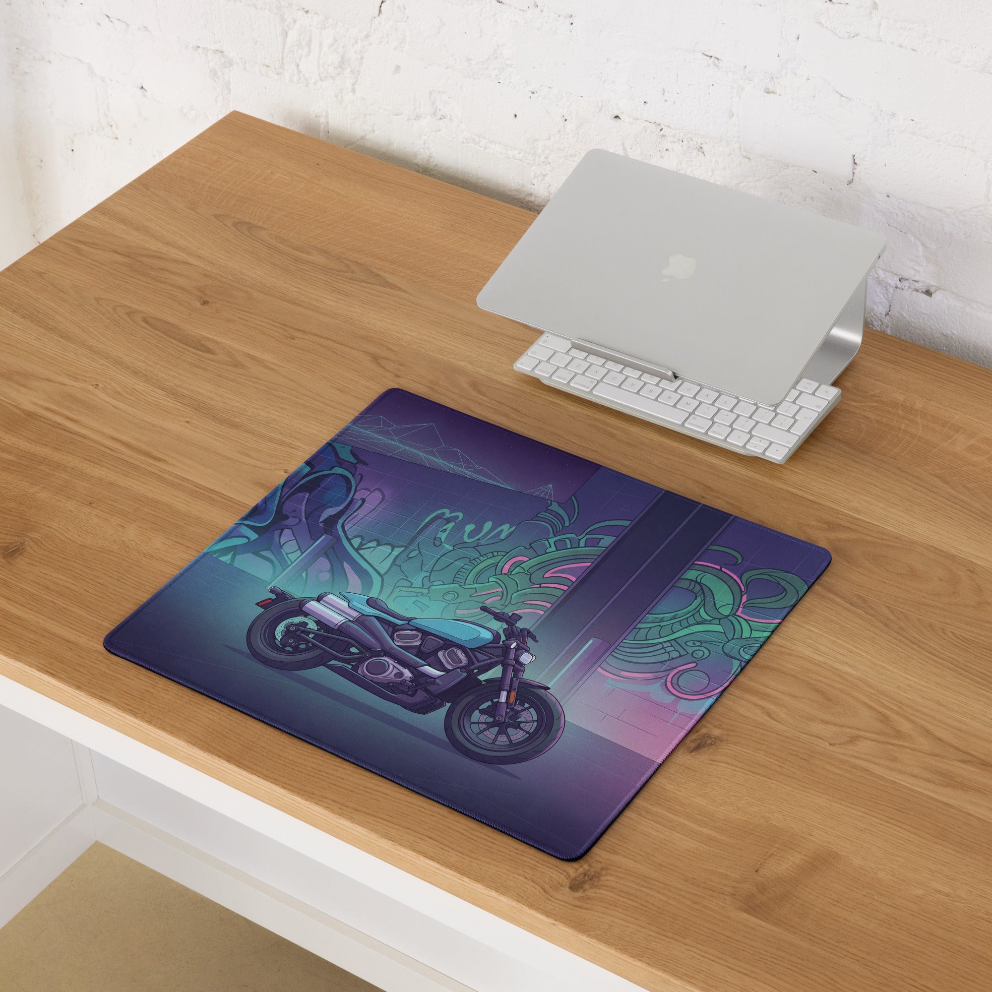 Sportster S Inspired Teal Purple Vaporwave Gaming Mouse Pad – Neon Graffiti Garage Desk Mat, Retro Futuristic Cruiser Digital Art