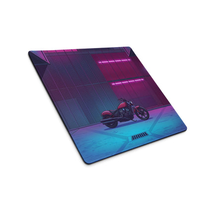 Indian Scout Bobber Inspired Magenta Blue Vaporwave Gaming Mouse Pad – Neon Industrial Garage Desk Mat, Retro Futuristic Cruiser Digital Art