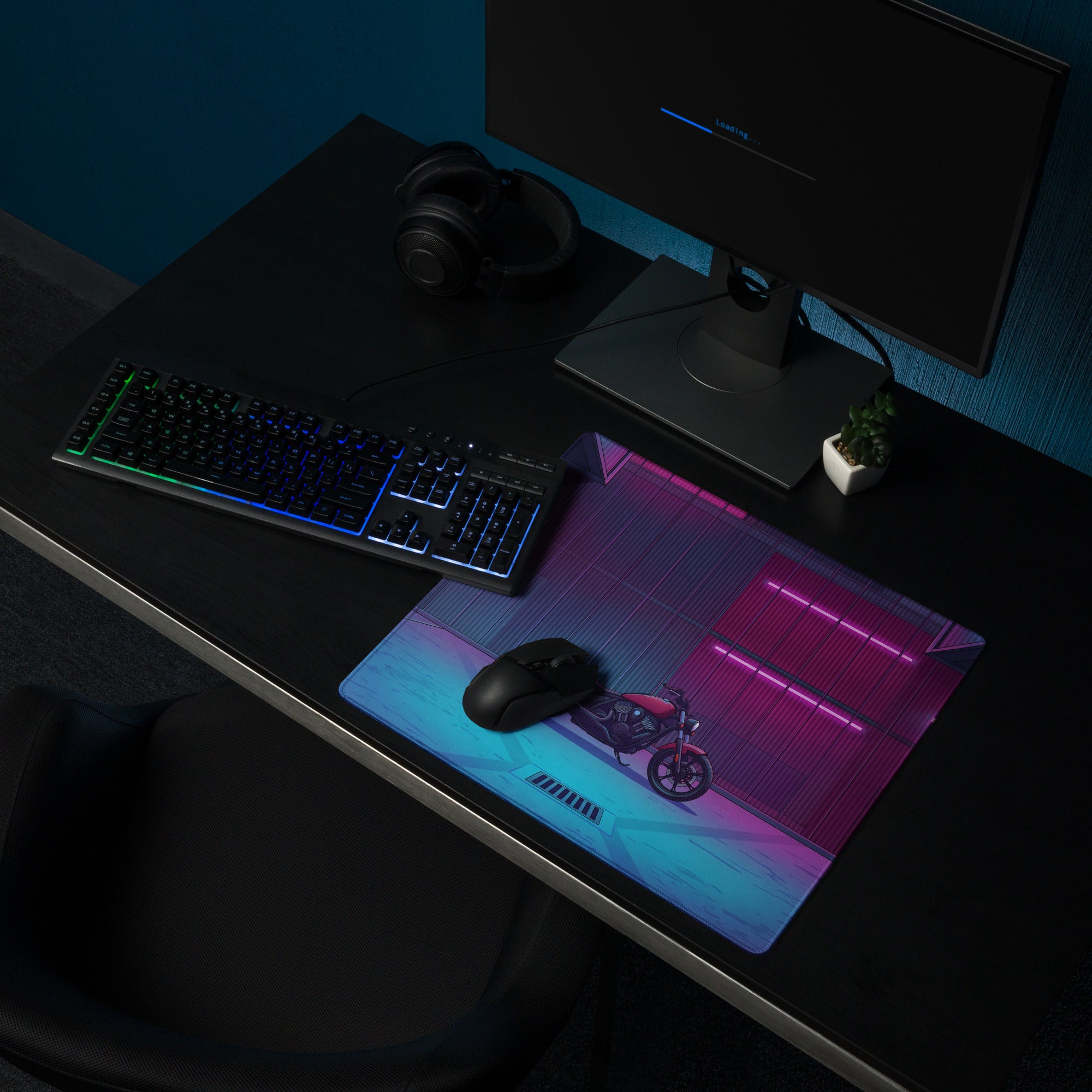 Indian Scout Bobber Inspired Magenta Blue Vaporwave Gaming Mouse Pad – Neon Industrial Garage Desk Mat, Retro Futuristic Cruiser Digital Art