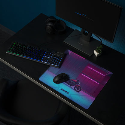 Indian Scout Bobber Inspired Magenta Blue Vaporwave Gaming Mouse Pad – Neon Industrial Garage Desk Mat, Retro Futuristic Cruiser Digital Art
