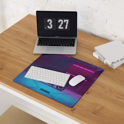 Indian Scout Bobber Inspired Magenta Blue Vaporwave Gaming Mouse Pad – Neon Industrial Garage Desk Mat, Retro Futuristic Cruiser Digital Art