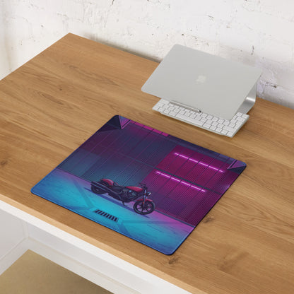 Indian Scout Bobber Inspired Magenta Blue Vaporwave Gaming Mouse Pad – Neon Industrial Garage Desk Mat, Retro Futuristic Cruiser Digital Art