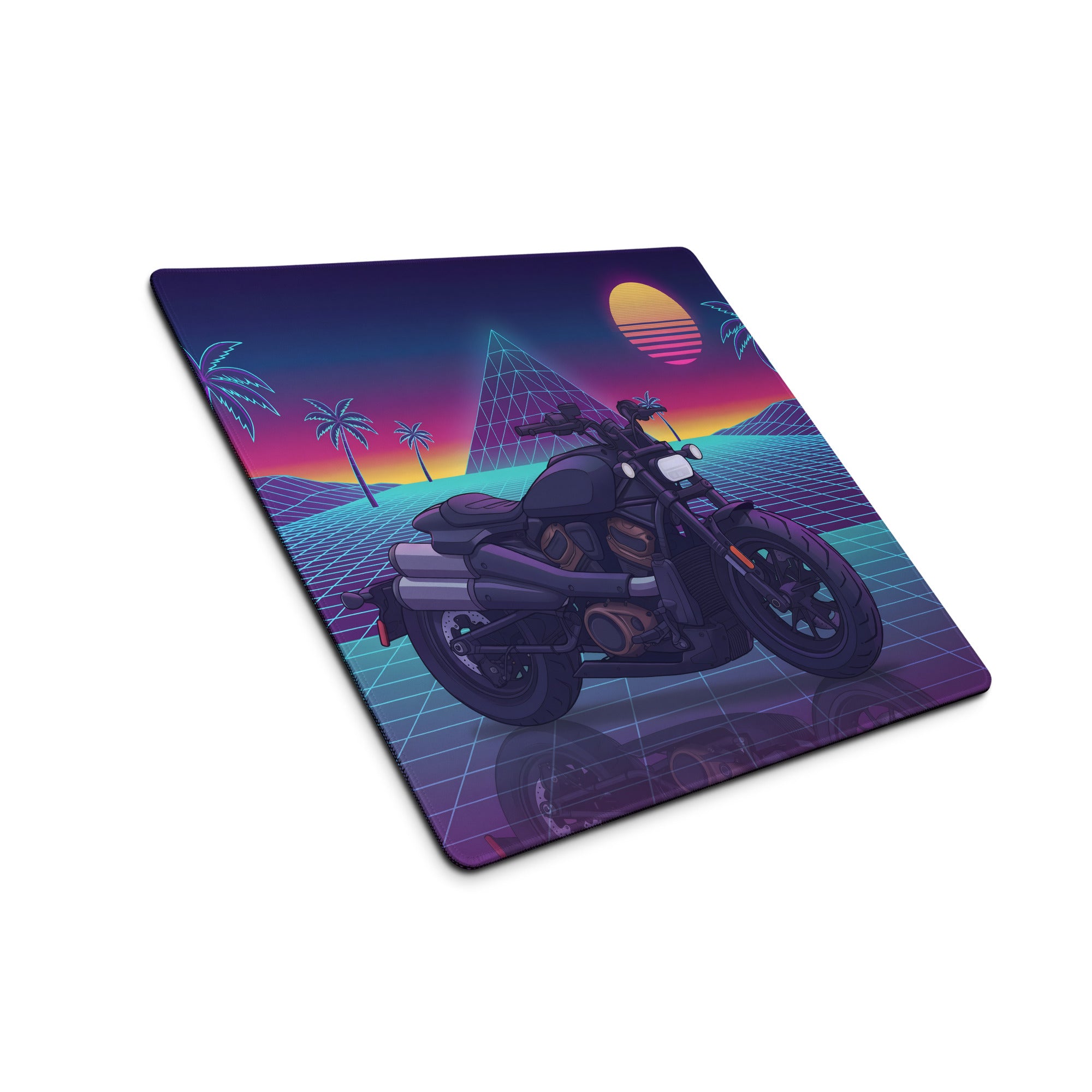 Sportster S Inspired Black Purple Vaporwave Gaming Mouse Pad – Neon Palm Sunset Grid Desk Mat, Retro Futuristic Cruiser Digital Art
